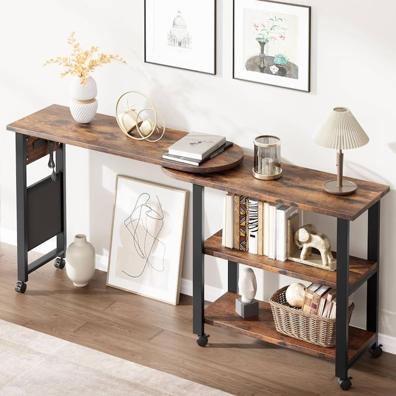 360° Rotating End Table with Charging Station and Wheels