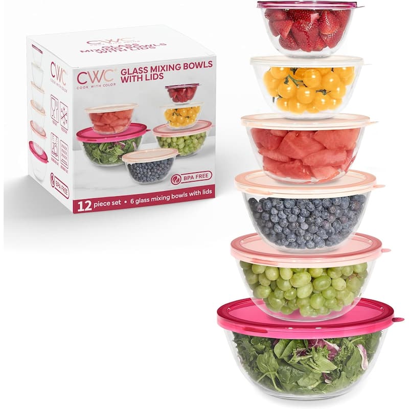 COOK WITH COLOR 12 Pc Glass Nesting Mixing Bowl Set with Lids for Cooking and Prep - Rose