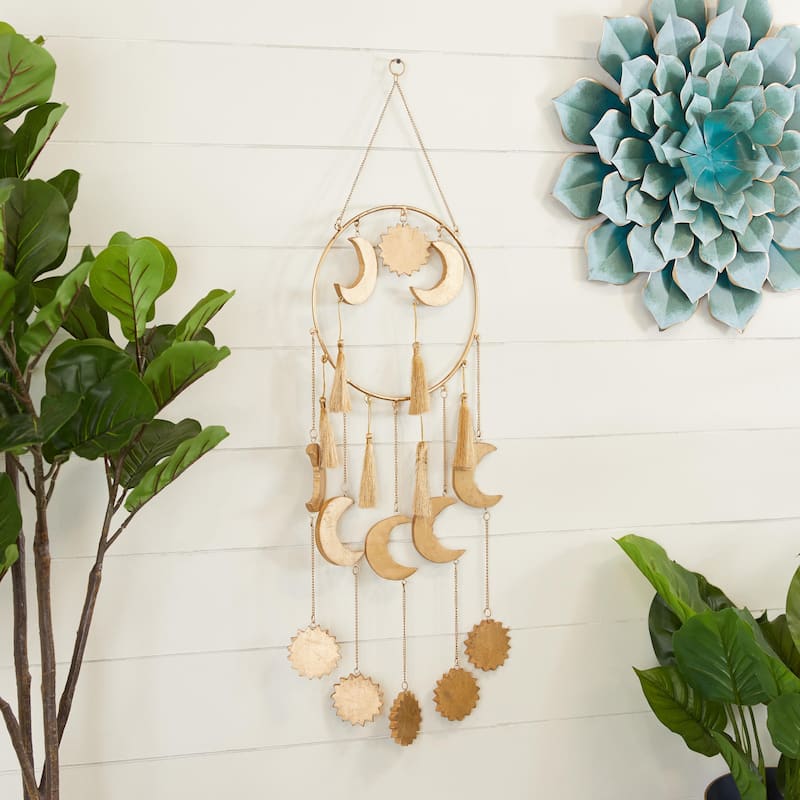 Mango Wood Sun and Moon Indoor Outdoor Windchime with Tassels - Gold - Roche River Decor