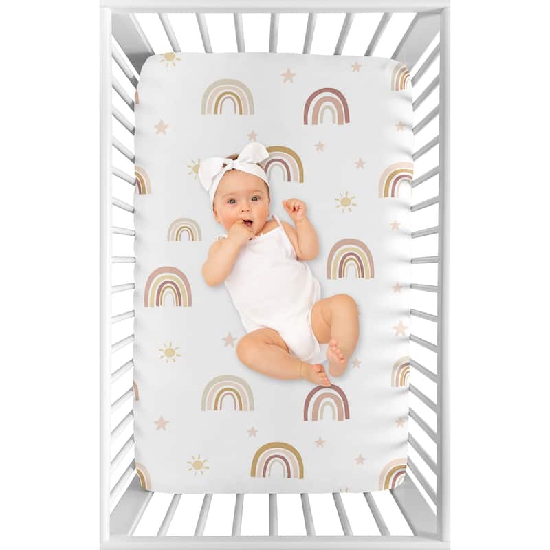 Boho Rainbow Baby Girl Fitted Mini Portable Crib Sheet - Blush Pink Dusty Rose Gold Yellow Mauve Beige Bohemian Stars Celestial
