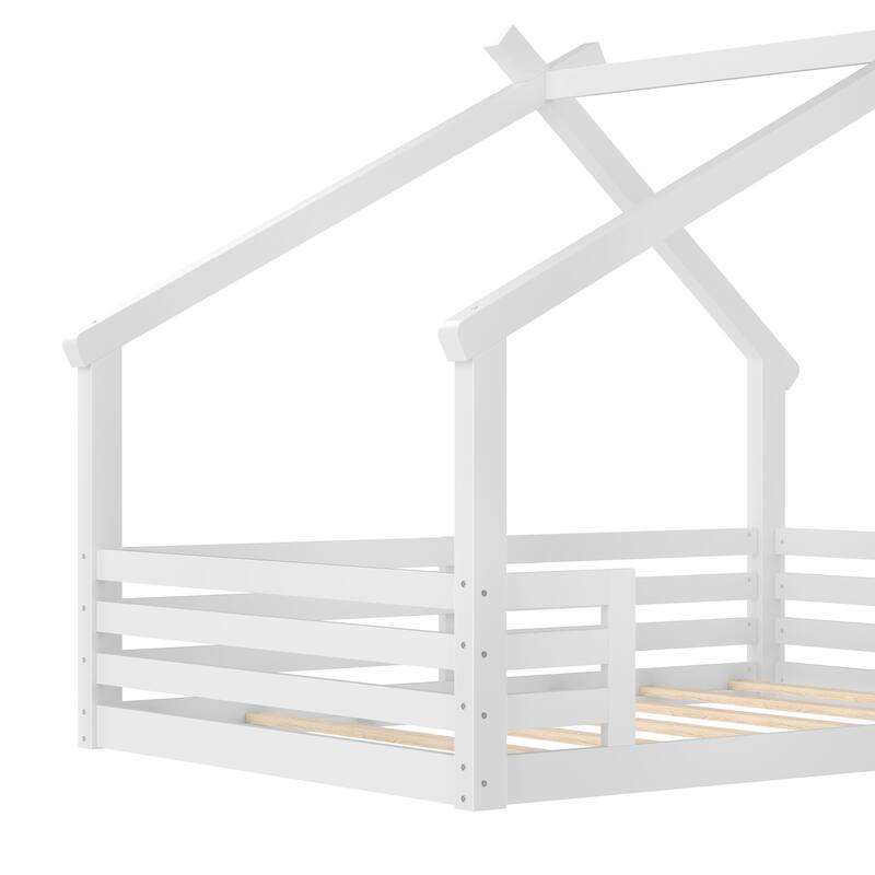 Wooden House Floor Bed, Modern Kids Montessori Playhouse Bed Frame with Window and Roof