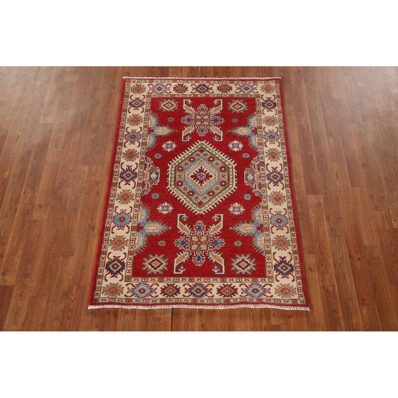 Red Kazak Oriental Accent Rug Hand-Knotted Wool Carpet - 3'4"x 4'10"