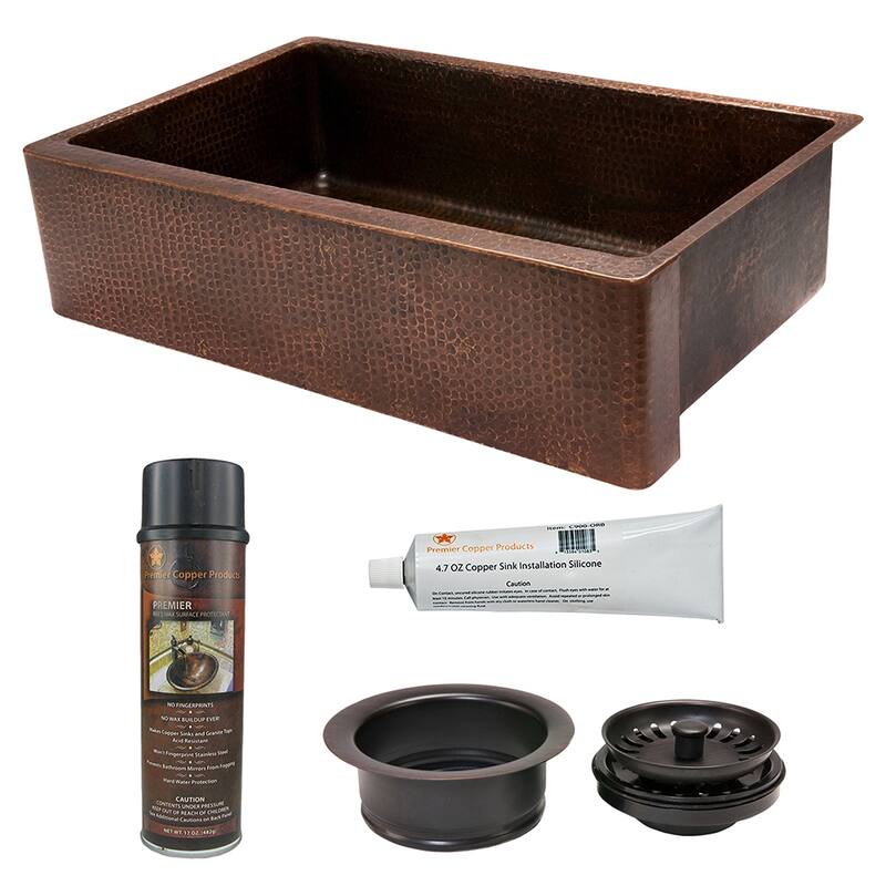35-in Hammered Copper Kitchen Apron Single Basin Sink with Matching Drain and Accessories (KSP3_KASDB35229)