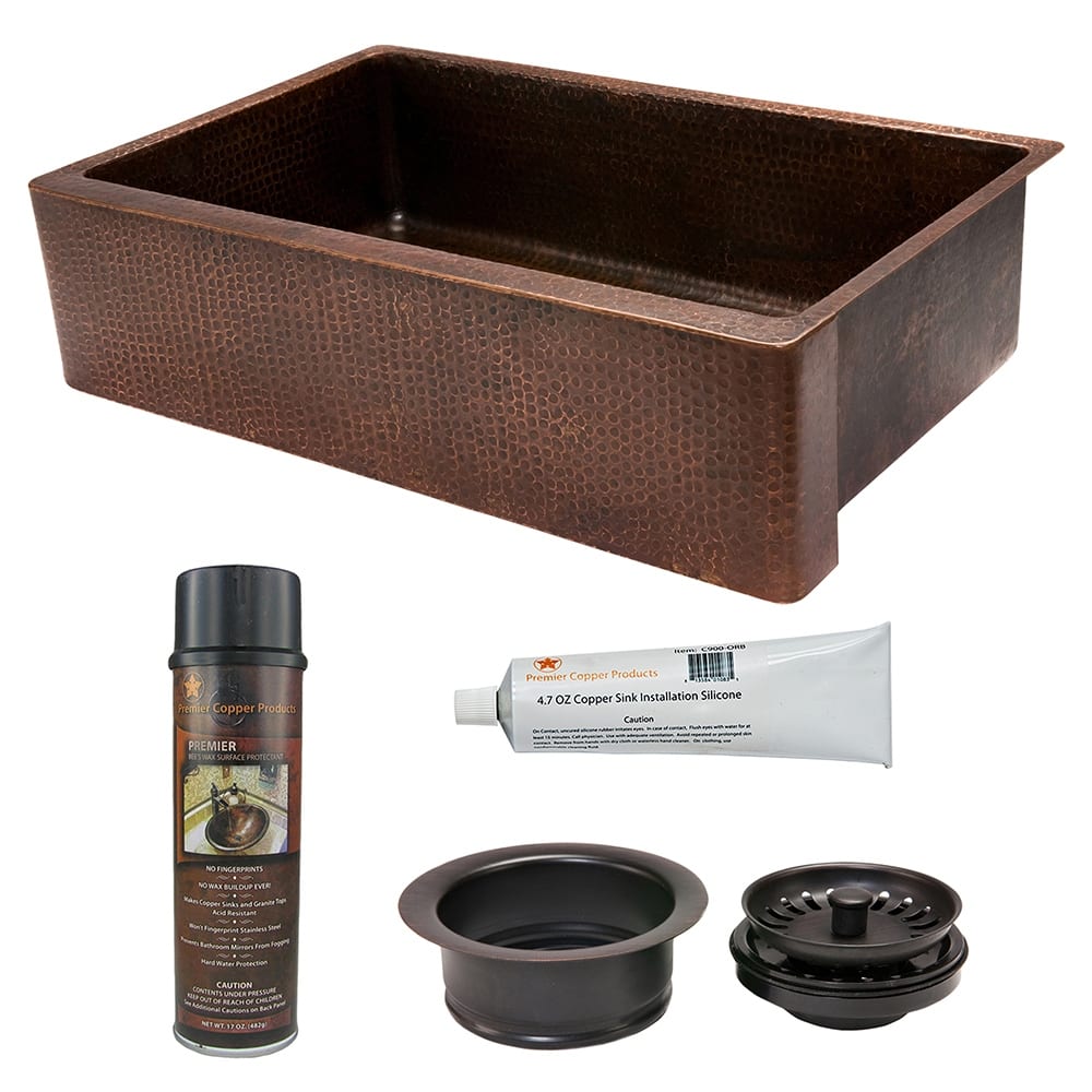 35-in Hammered Copper Kitchen Apron Single Basin Sink with Matching Drain and Accessories (KSP3_KASDB35229)