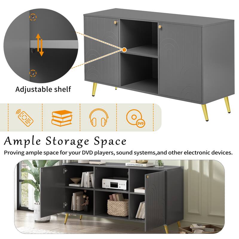 Modern 53'' TV Stand for TVs up to 55'', Media Console with Adjustable Shelf, Metal Legs & Handles, Anti-Tip Device
