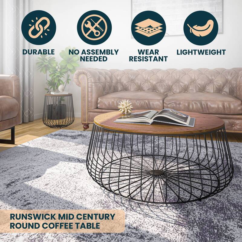 LeisureMod Runswick Modern Round Center Coffee Table - Mid Century Accent Side End Table for Home Office Living Room Bedroom