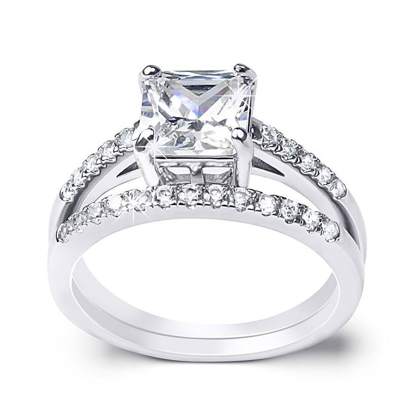 Sterling Silver CZ Princess Cut Bridal Engagement Ring Set 1.75 CTW