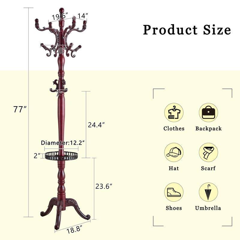 Walnut Wood Coat Rack with Key Tray - Modern Stainless Steel Hanger