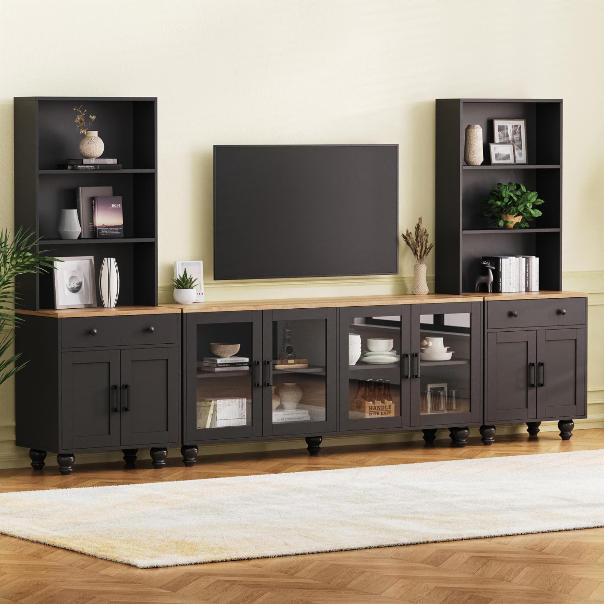 Farmhouse-Style TV Stand for TVs up to 70 Inches with Bookshelves, Tempered Glass Doors, for Living Rooms, Black