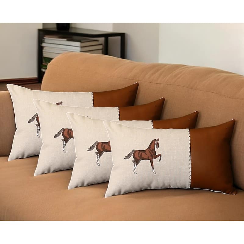HomeRoots Set Of Four 20" X 12" Beige And Brown Horse Faux Leather Zippered Pillow With Embroidery - Bed Rest - Polyester