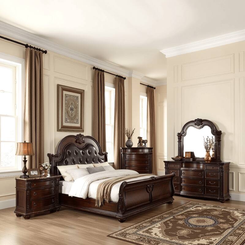 Caitlin Four Pc Queen Bedroom Set, Tufted Faux Leather Headboard, Marble Tops, Brown