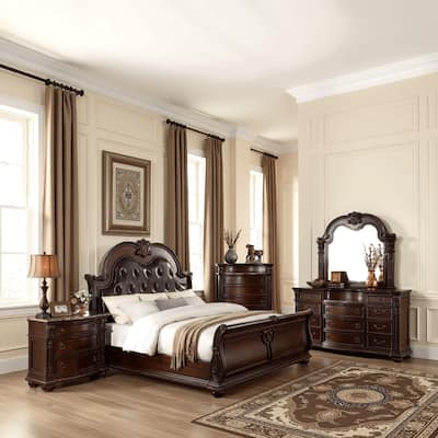 Caitlin Four Pc Queen Bedroom Set, Tufted Faux Leather Headboard, Marble Tops, Brown