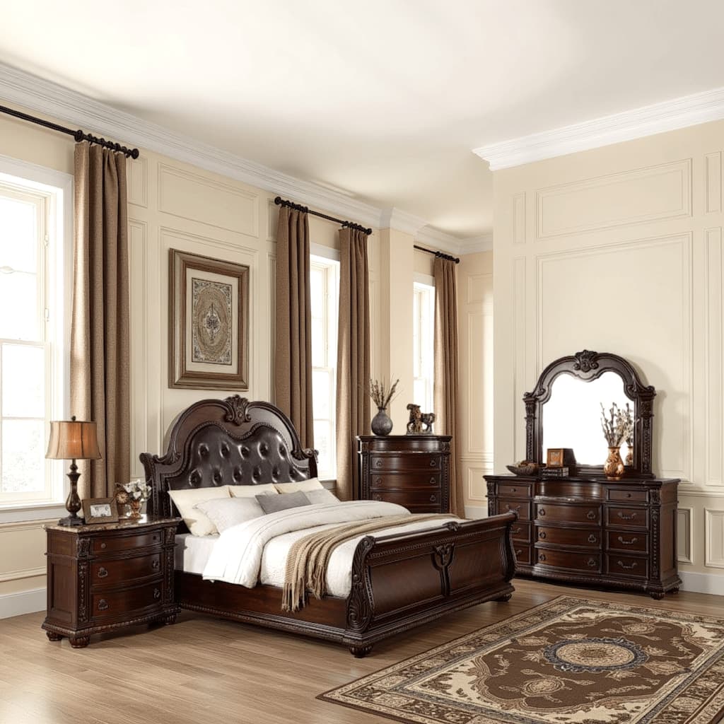 Caitlin Four Pc Queen Bedroom Set, Tufted Faux Leather Headboard, Marble Tops, Brown