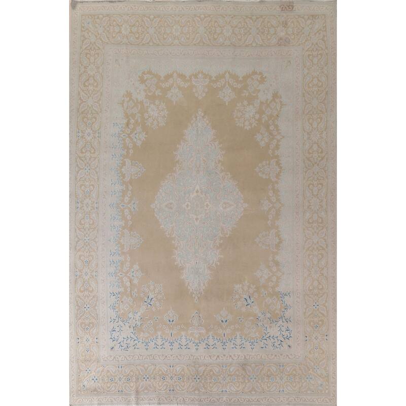 Hand Knotted Oriental 100% Wool Carpet Traditional Floral Yellow & Gold Kerman Area Rug - 12' 8'' X 9' 7''