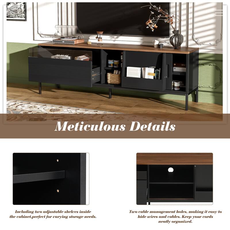 Farmhouse TV Stand for TVs up to 75 Inches, Sliding Doors TV Cabinet TV Console Table for Living Room