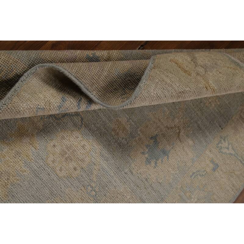 Vegetable Dye Blue Oushak Turkish Runner Rug Hand-Knotted Wool Carpet - 3'1" x 11'8"