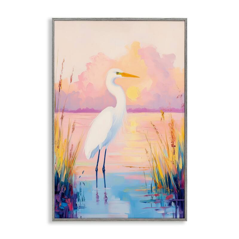 Stupell Egret under Beaming Sunset Framed Giclee Art Design By Arlington Prints - 16 x 24 - Grey