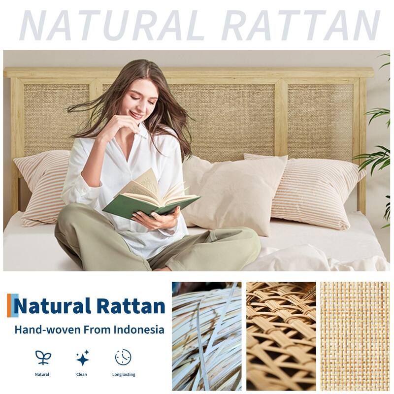 Boho Rattan Headboard Bed Frame with Under-Bed Storage, Sturdy Steel Base & Wooden Slats, No Box Spring Needed