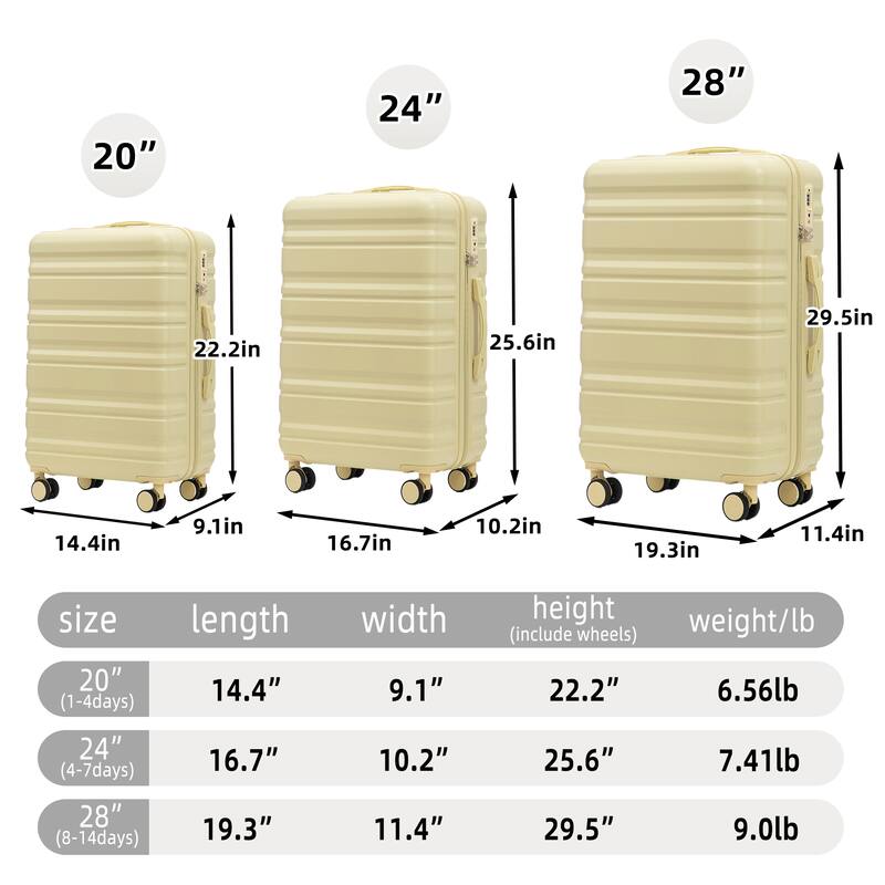 3 Piece Luggage Set Carry on Suitcase with ABS hardshell, Spinner Wheels & TSA Combination Lock