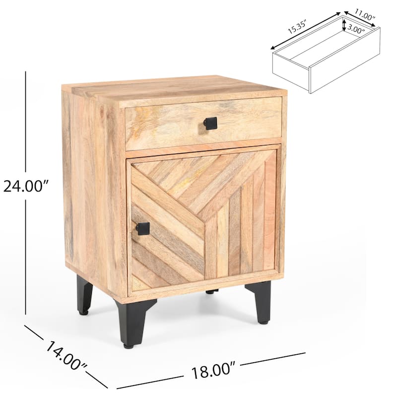 Roomfitters Solid Wood Nightstand, Hand-Carved Bedside Table Storage Cabinet with Drawer and Mango Wood Frame, Natural