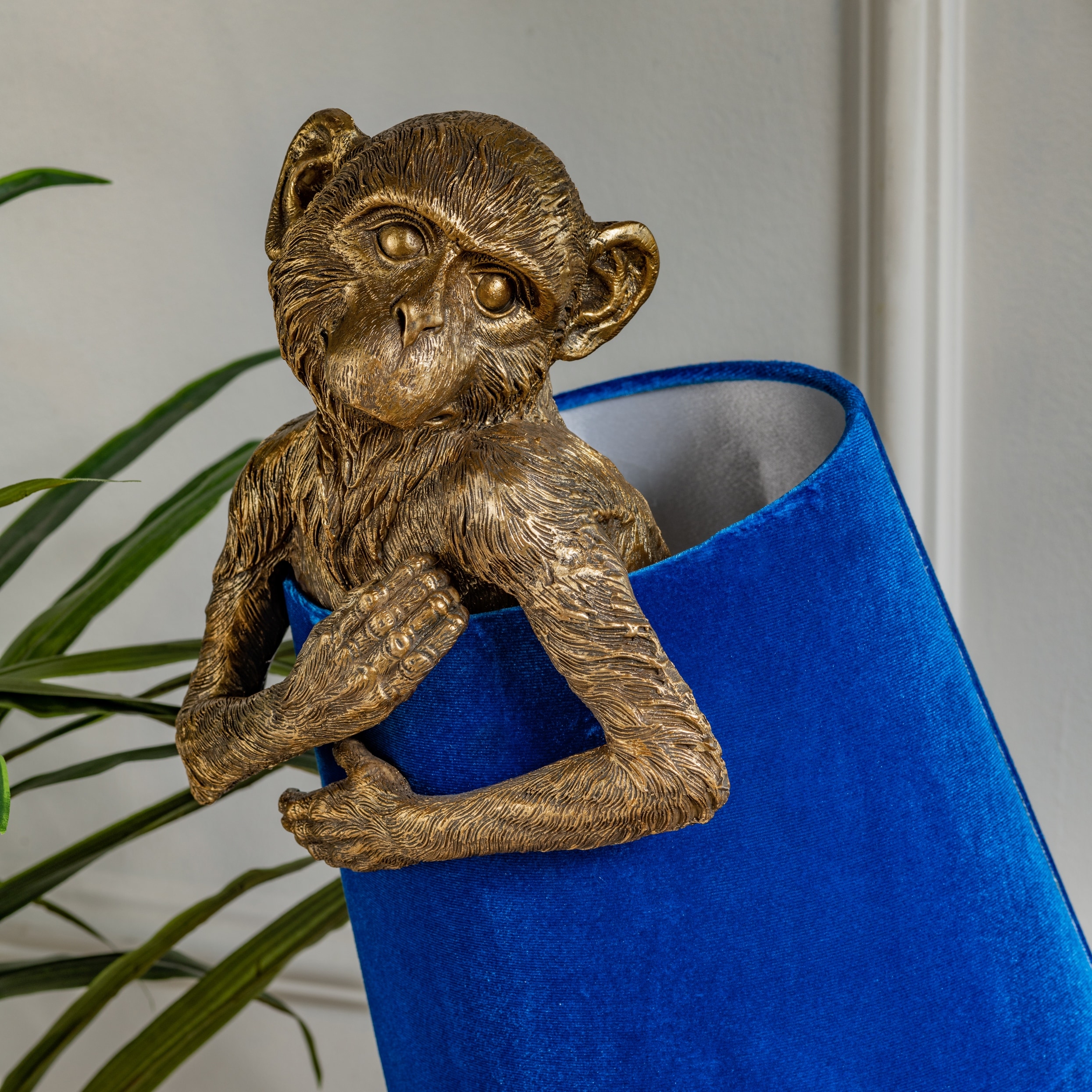 Chester Gold Monkey Table Lamp w/Blue Velvet Shade - 9 x 9 x 21.5