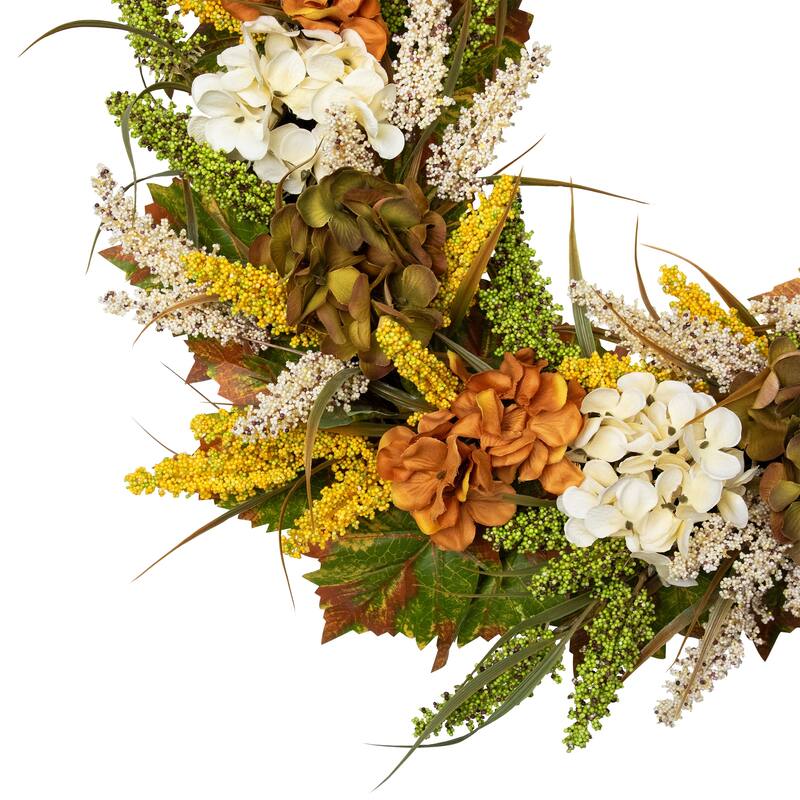 White Orange Hydrangea Artificial Fall Harvest Twig Wreath, 28", Unlit