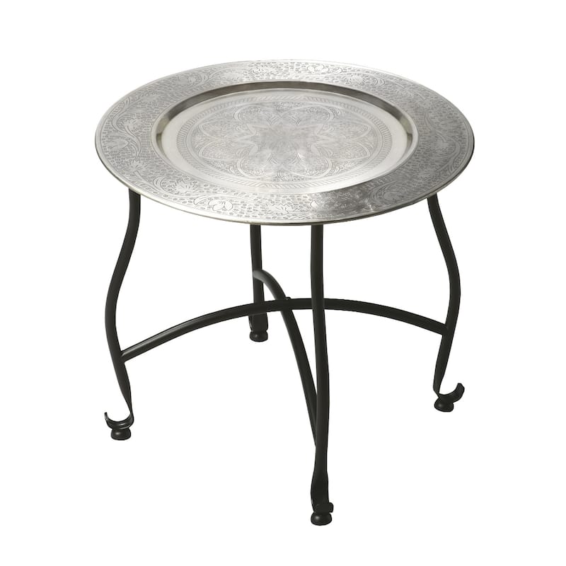 Rustic 14" Round Aluminum Top End Table with Black Iron 4-Leg Base for Living Room or Bedroom - 14"H x 16"W x 16"D