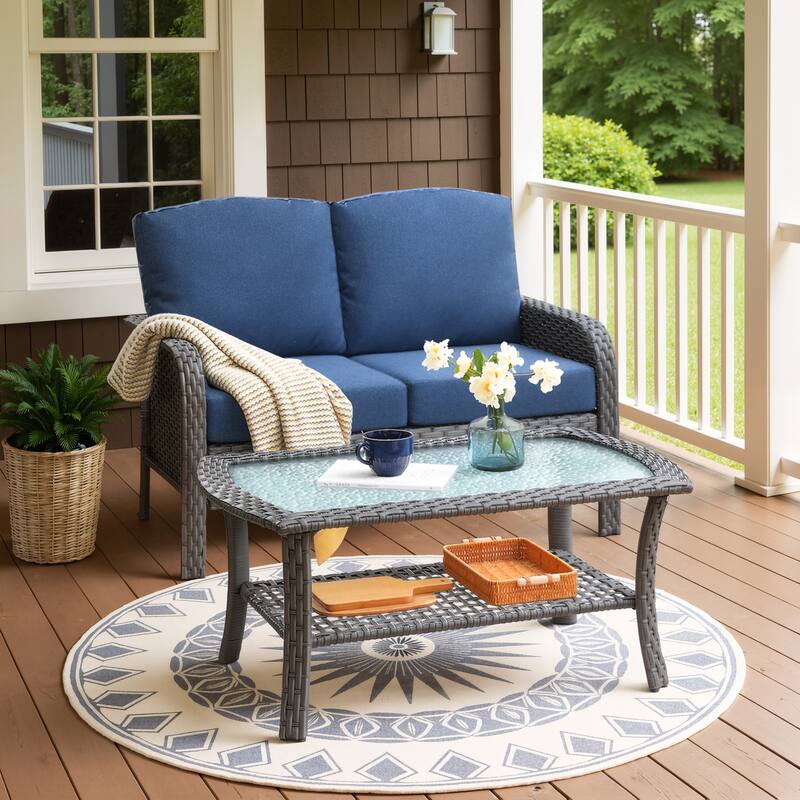 XIZZI 2-Piece Outdoor Wicker Loveseat with Coffee Table - Denim Blue