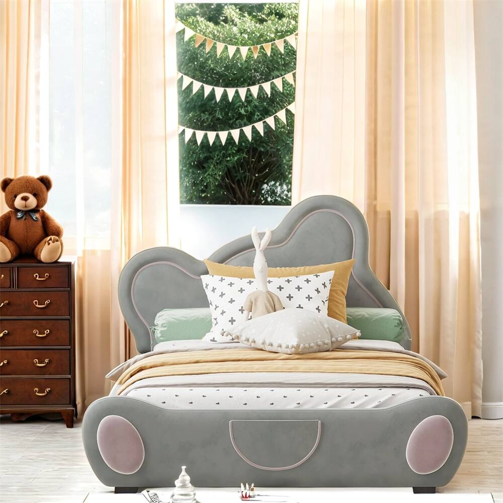 Twin Size Velvet Platform Bed with Bear-Shaped Headboard and Pocket