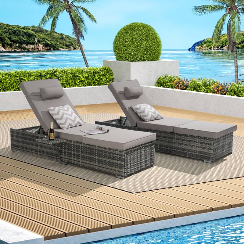 Outdoor Chaise Lounge Chair Set of 2 with Storage Patio Pool Chairs Tanning Lounges for Outside, Beach Rattan Recliners