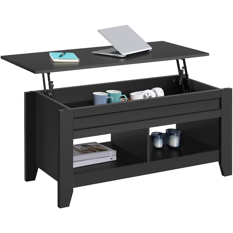Yaheetech Lift Top Dining Coffee Table with Hidden Storage and Shelves - Black