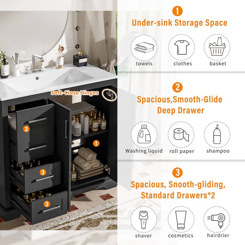 36" Modern Bathroom Vanity with Ceramic Sink, Soft-Close Door, Adjustable Shelf & 3 Drawers, Ample Storage