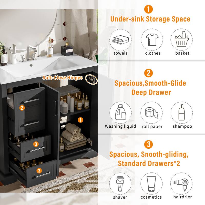 Bathroom Vanity with Sink, Freestanding Vanities Cabinet, Bathroom Cabinet with Soft-Close Doors, Adjustable Shelf & 3 Drawers