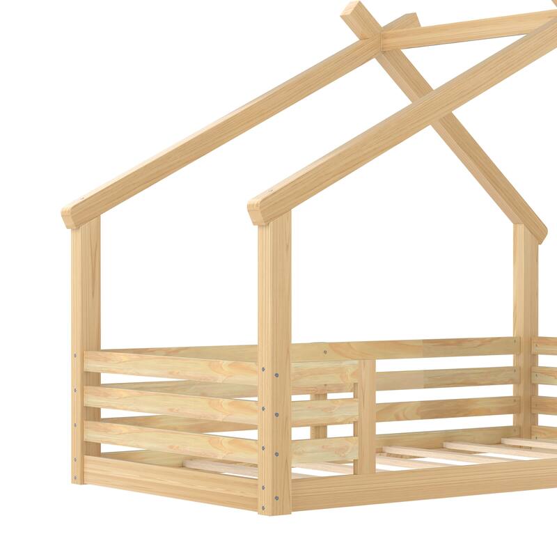 Twin House Floor Bed with Window and a Small Shelf, Solid Wood Floor Bed with House-shaped Roof, No Spring Box Needed