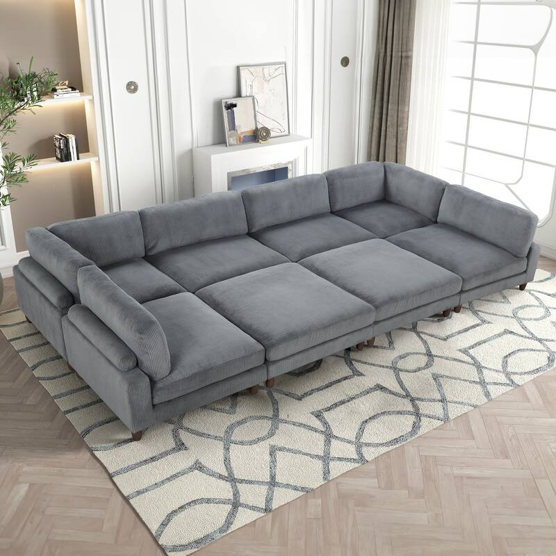 Furniture of America Sienta Modern 8-Piece Corduroy Modular Sectional with 2 Ottomans - Grey
