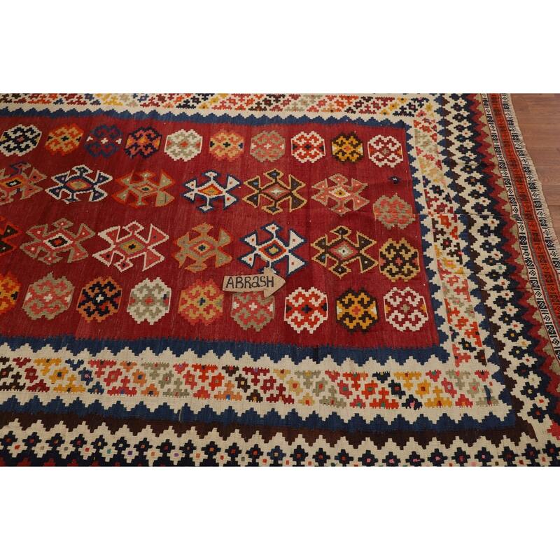 Red Kilim Qashqai Persian Vintage Rug Flatweave Geometric Wool Carpet - 5'4"x 7'7"