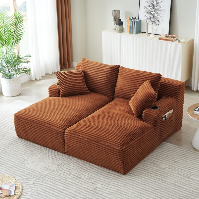 Compressible Double Chaise Lounge With Cupholders - No Assembly Required, Fluffy Modern Sleeper Loveseat