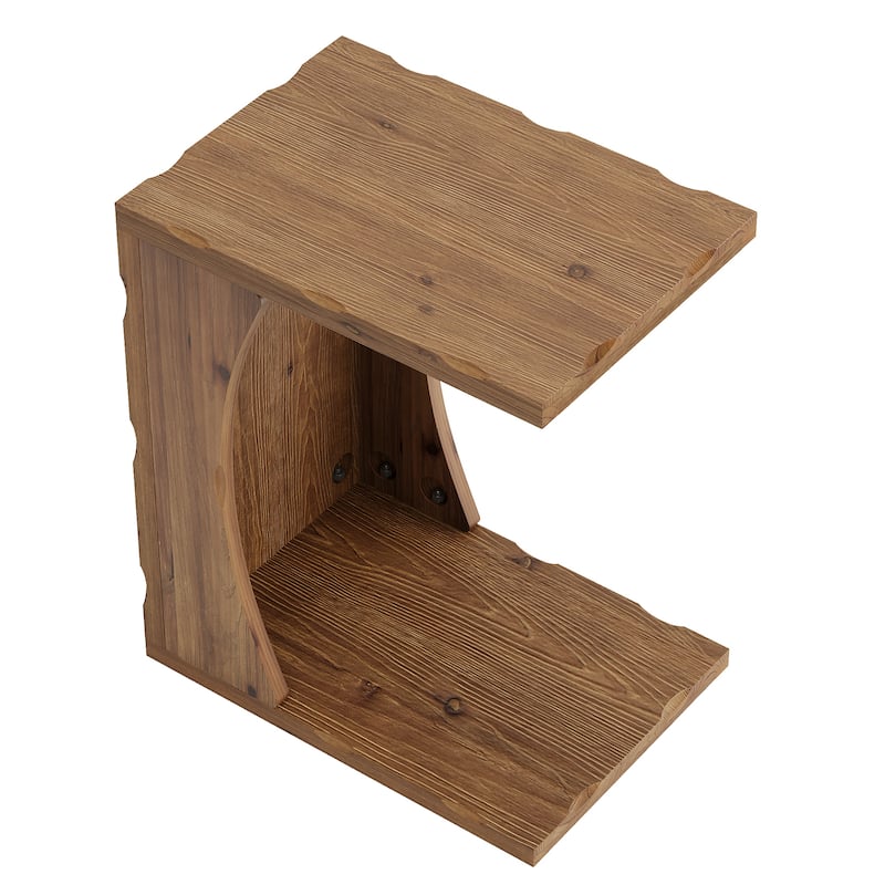 Solid Wood End Table, Narrow C Shaped Side Table with 2-tier Storage
