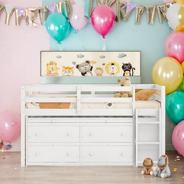 slide 2 of 26, Twin Size Wooden Loft Bed with Retractable Writing Desk and 4 Drawers, with Lateral Portable Desk and Shelves,White White
