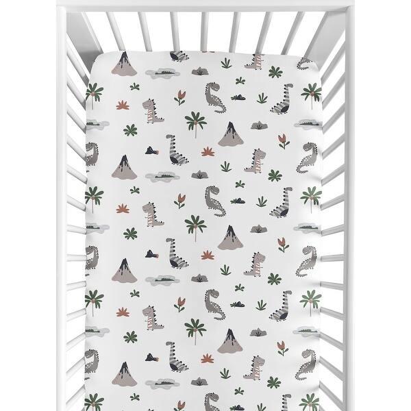 slide 2 of 6, Sweet Jojo Designs Modern Dinosaurs Boy Girl Gender Neutral Unisex Fitted Crib Sheet Beige Grey Dino Reptile Volcano Trex Green