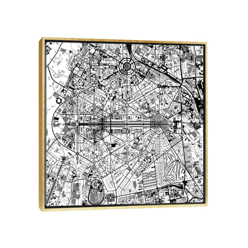 iCanvas "New Delhi Black And White" by Planos Urbanos Framed - Gold - 26x26
