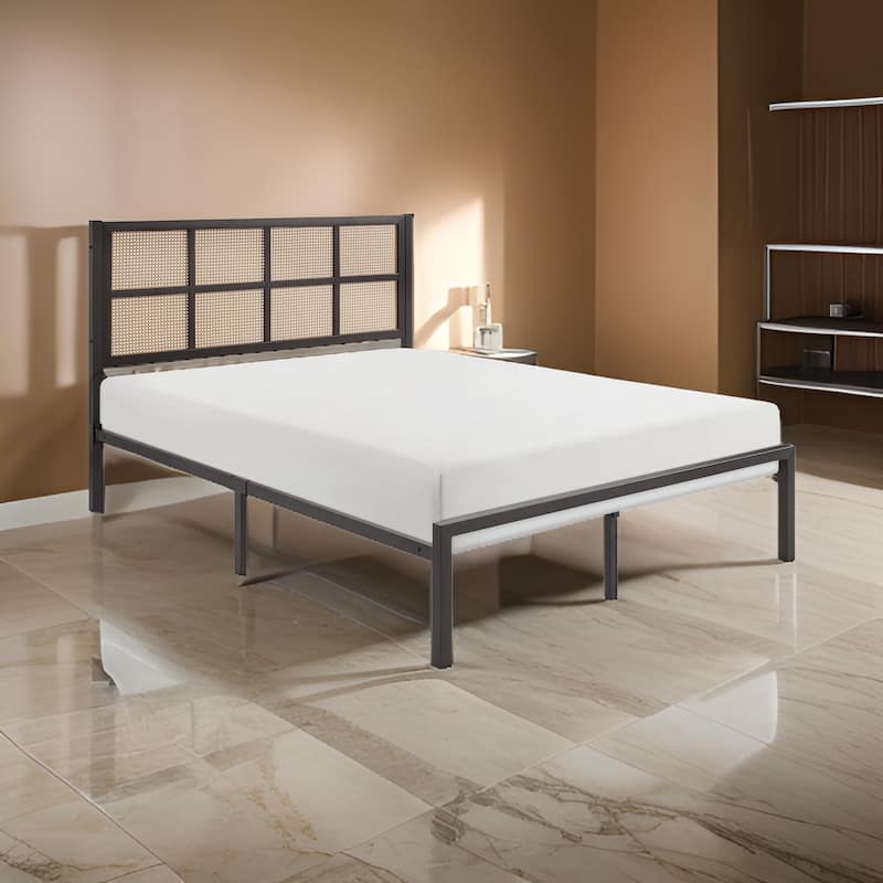 Annie Queen Platform Bed, Framed Faux Cane Panel Headboard, Dark Bronze