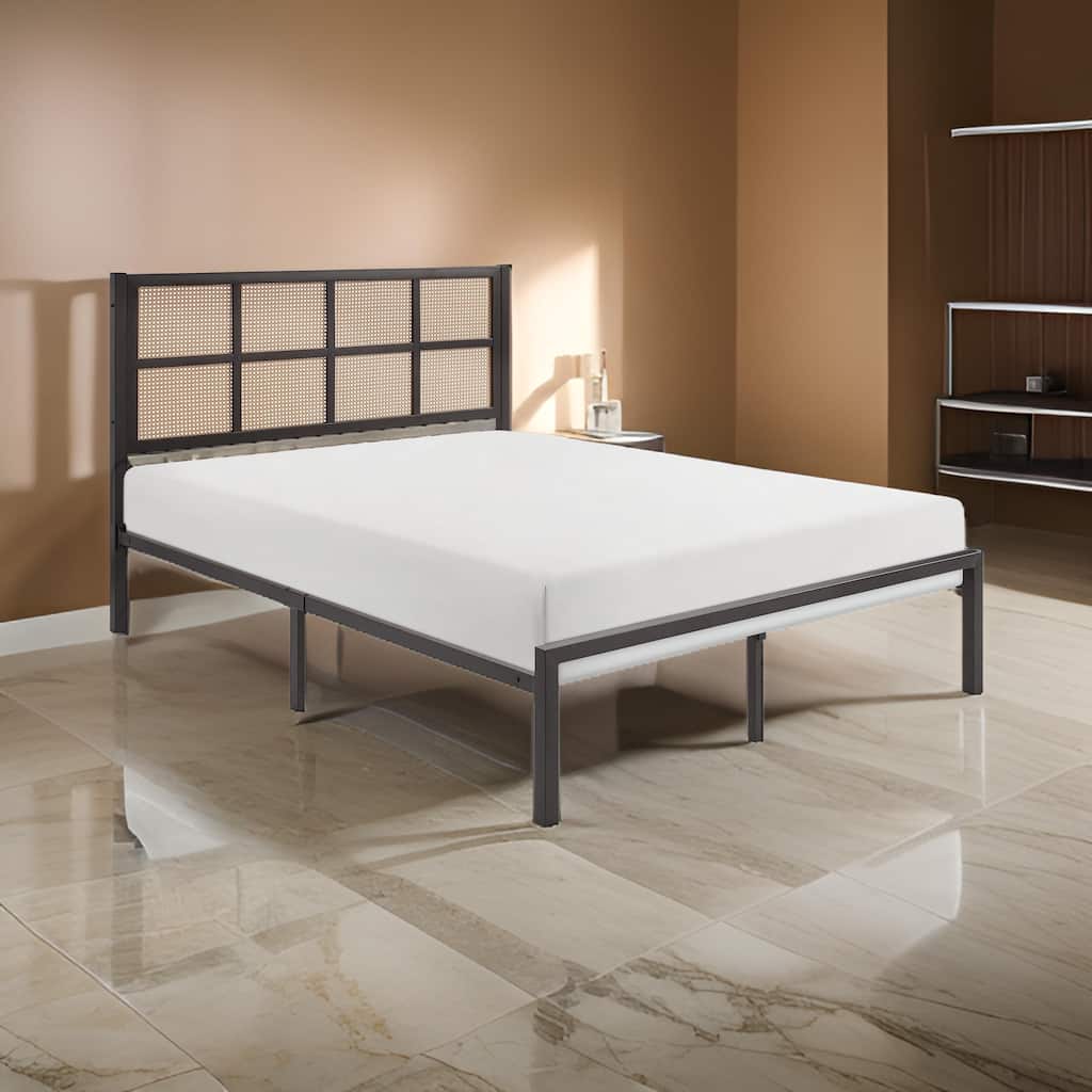 Annie Queen Platform Bed, Framed Faux Cane Panel Headboard, Dark Bronze