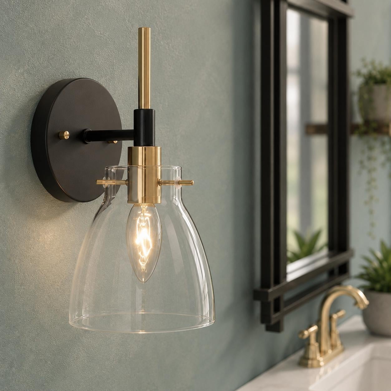 Modern 1-Light Glass Black Gold Wall Sconce Dimmable Bathroom Vanity Lights