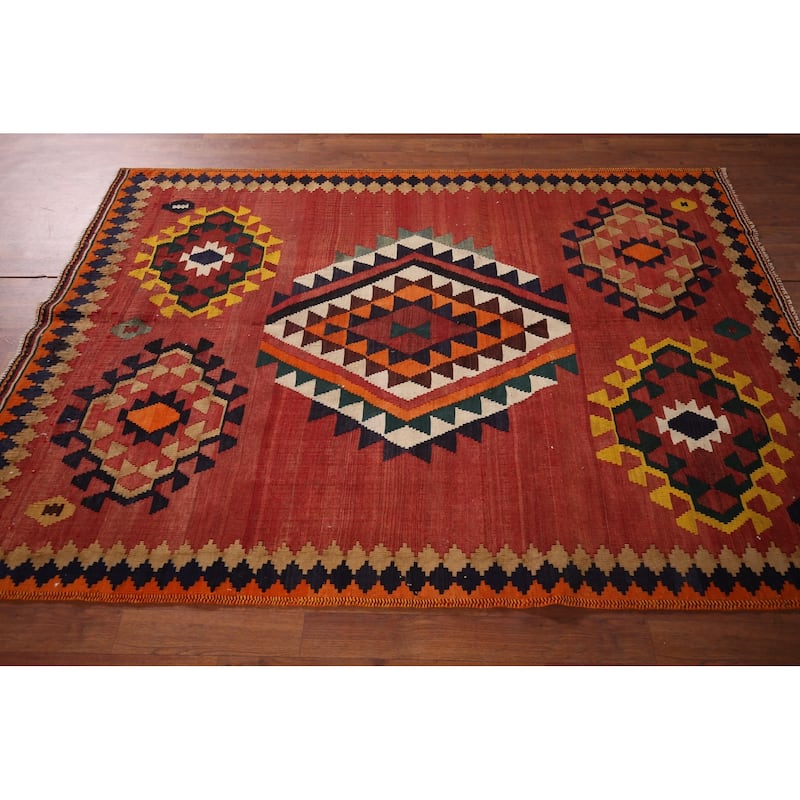 Kilim Qashqai Persian Vintage Area Rug Hand-Woven Orange Wool Carpet - 4'11"x 6'8"