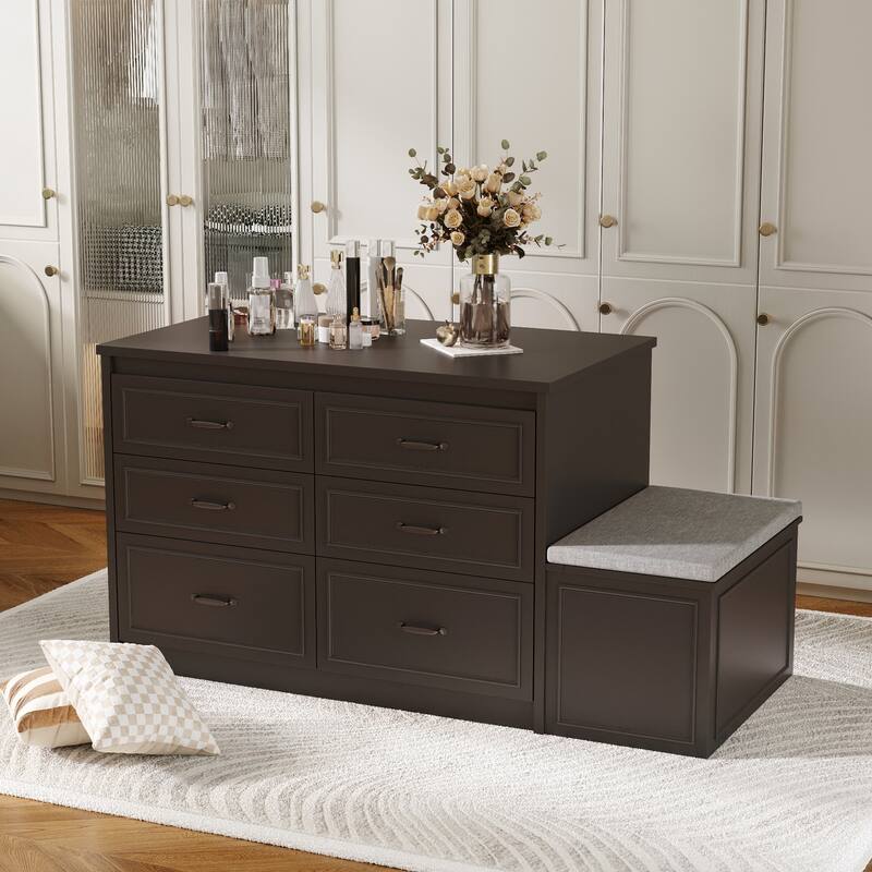 White Dresser with Seat and Storage 6 Drawer Closet Island Cabinet Bedroom Organization Bench