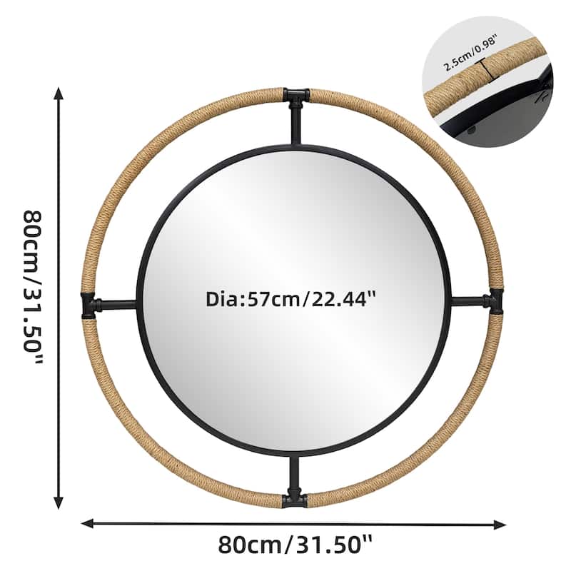 Coastal Rope & Iron Round Wall Mirror Hanging Decor for Living Room - 32"X32"