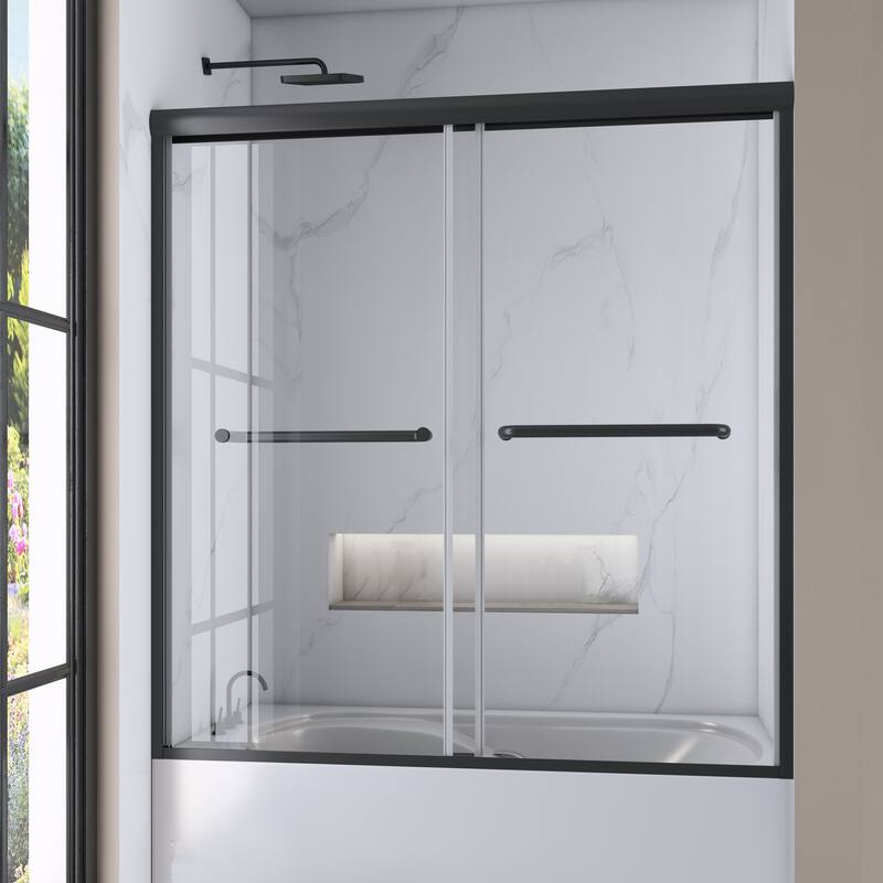 60 in. W x 62 in. H Framed Sliding Bath Tub Door with 5/16 in. Tempered Clear Glass - Matte Black