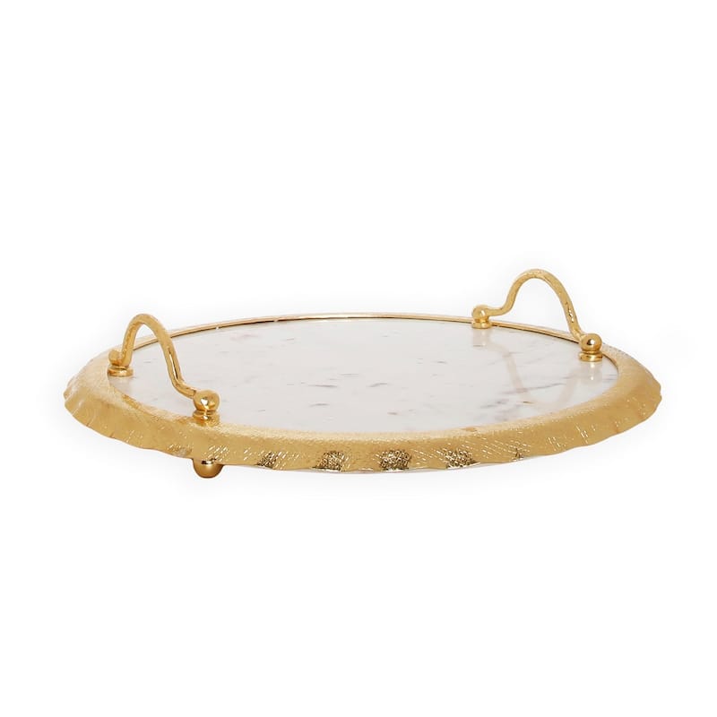 16.5"D Round Marble Tray with Gold Edge and Handles