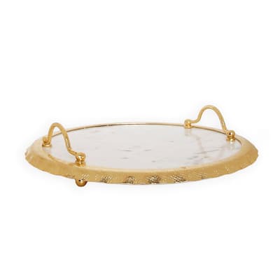 16.5"D Round Marble Tray with Gold Edge and Handles